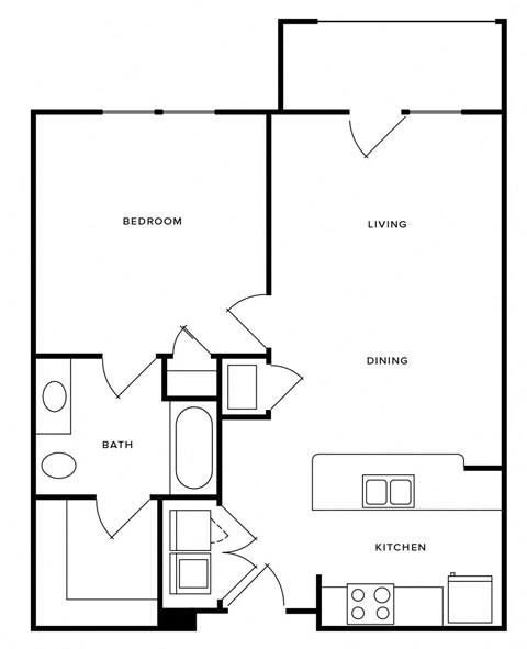 an illustration of a 1 bedroom floor plan with a bathroom and a kitchen
